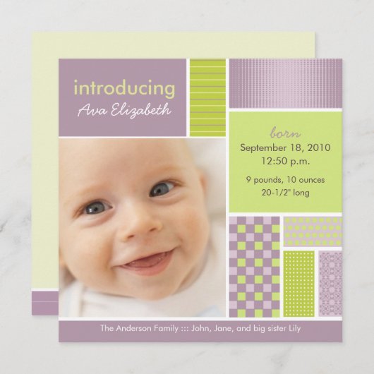 Vierkante Patchwork Sering Geboorteaankondiging De Aankondiging (Voorkant / Achterkant)