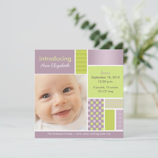 Vierkante Patchwork Sering Geboorteaankondiging De Aankondiging (Staand voorkant)