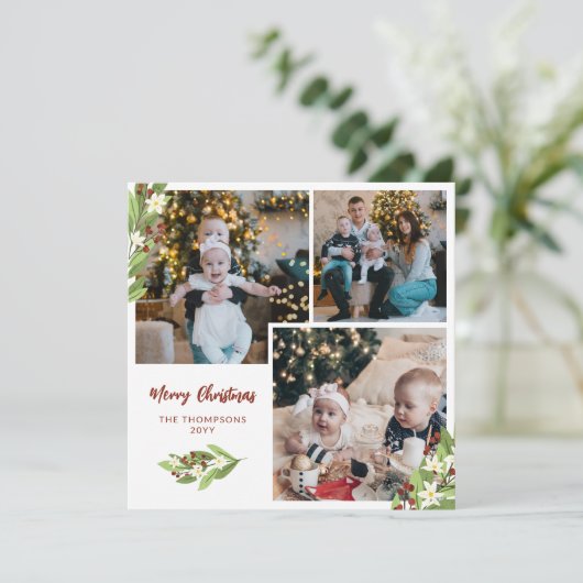 Vierkante rode bessen Fotocollage Vrolijk Kerstfee Feestdagenkaart (Staand voorkant)