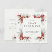 Vierkante Rode Bessen Rand Vrede Liefde + Vreugde  Feestdagenkaart (Voorkant / Achterkant)