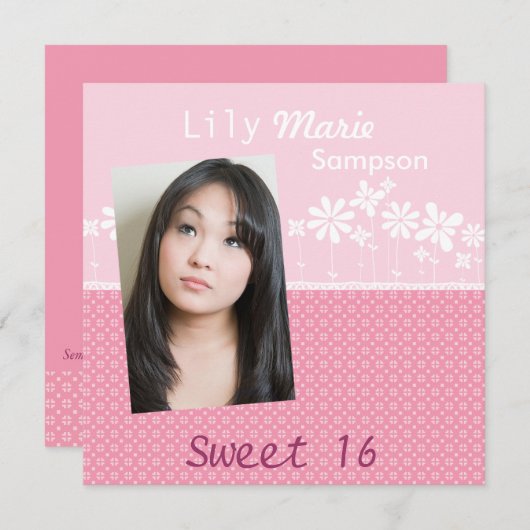 Vierkante roze bloemen verjaardagsfeestuitnodiging kaart (Voorkant / Achterkant)