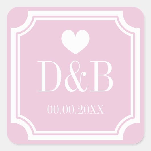 Vierkante roze monogram kleine bruiloft gunst sticker (Voorkant)