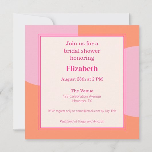 Vierkante Roze & Sinaasappel Bruidsdouche Uitnodig Kaart (Voorkant)