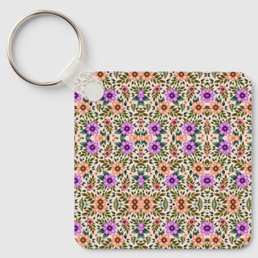 Vierkante sleutelhanger met een levendig bloemmoti (Voorkant)