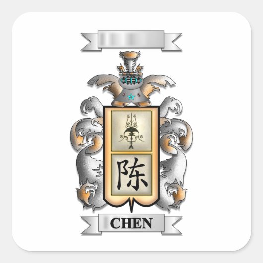 Vierkante sticker Chen-achternaam en schild (Voorkant)