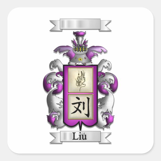 Vierkante sticker Liu-achternaam en schild (Voorkant)