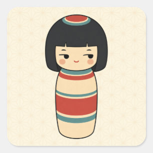 Vierkante sticker met Kokeshi-pop met zijdelingse