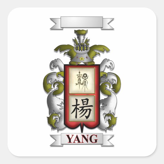 Vierkante sticker Yang-achternaam en schild (Voorkant)