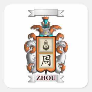 Vierkante sticker Zhou-achternaam en schild