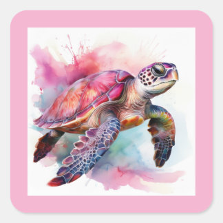 Vierkante stickers met zeeschildpad in roze tinten