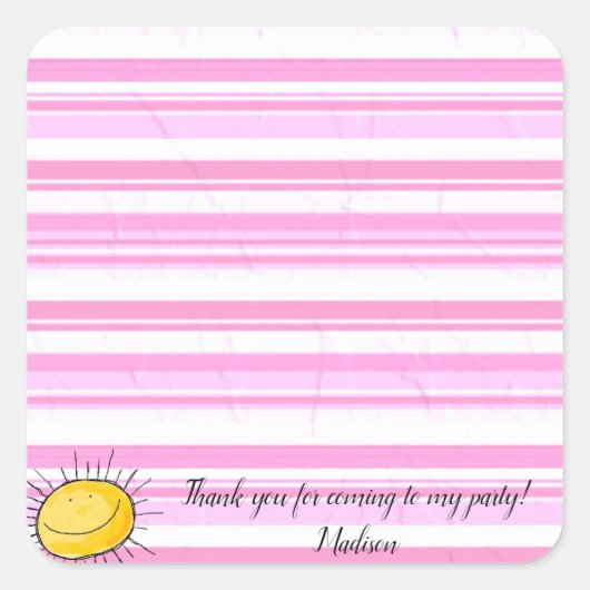 Vierkante Stickers Roze & White Stripe Happy Sun (Voorkant)