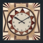 Vierkante Sun Art Deco klok - Faux houten Antiek<br><div class="desc">"Art Deco Clock",  "Art Nouveau Clock",  "Beige Cream Brown Black",  "1920s geometrische symmetrische lijnen",  "Stijlvolle verfijnde 1920-stijl",  "Faux houten zonnestralen",  "Retro  antiek Sunburst",  "Elegant lijnpatroonontwerp",  "Vierkante klok",  "Neutraal ouderwets"</div>