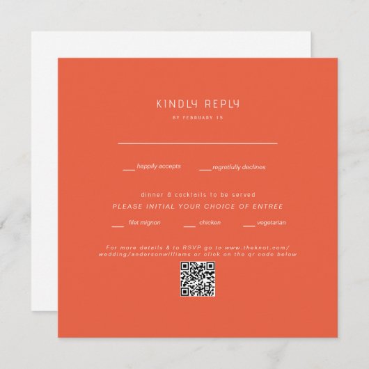 Vierkante Tangerine Bruiloft QR Code RSVP (Voorkant / Achterkant)