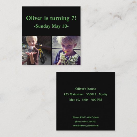 Vierkante verjaardagsuitnodigingen (verpakking van informatiekaartje (Voorkant / Achterkant)