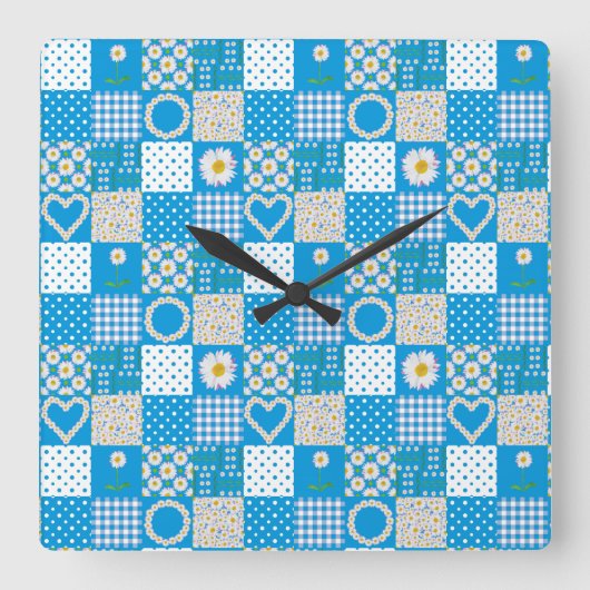 Vierkante wandklok: Daisy Chains, Faux Patchwork Klok (Voorkant)