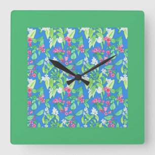  vierkante wandklok, lentesbloesems, groen klok