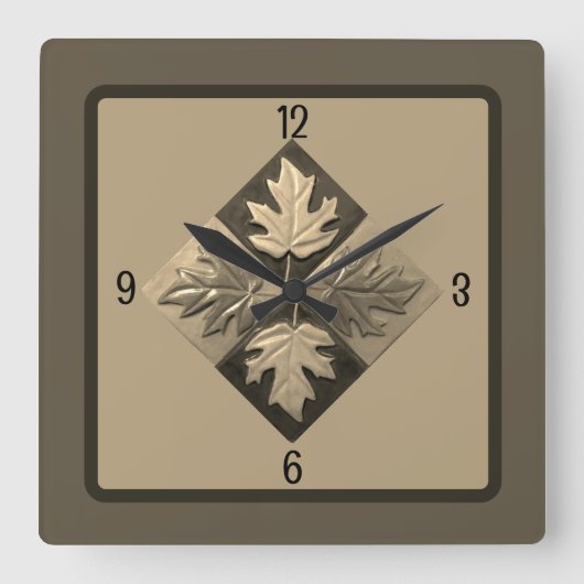 Vierkante wandklok met Maple Leaves Sepia (Voorkant)
