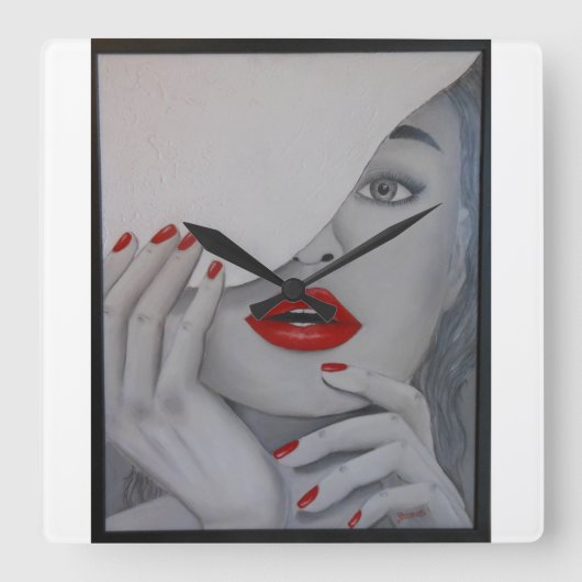 Vierkante wandklok met rood (Voorkant)