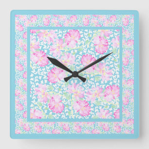 Vierkante wandklok, roze rozen, witte vlinders klok