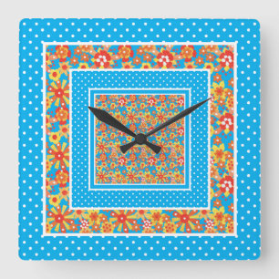 Vierkante wandklok, Sinaasappel bloemen, blauwe po Klok