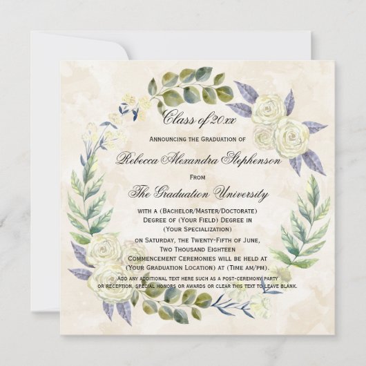 Vierkante Waterverf Bloem Wreath College Graduatie Kaart (Voorkant)