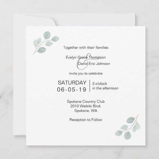 Vierkante Waterverf groen bruiloft uitnodiging (Achterkant)