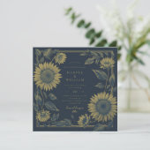 Vierkante zonnebloem marine gele bruiloft kaart (Staand voorkant)