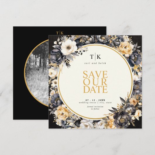 Vierkante Zwart-Wit met Gouden Sfeervolle Save The Date (Voorkant / Achterkant)