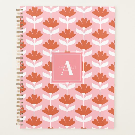 Vierkantig monogram initiaal roze & rood bloemmoti planner (Voorkant)