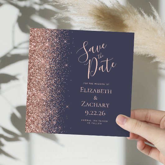 Vierkantige donkerblauwe roze gouden save the date aankondiging