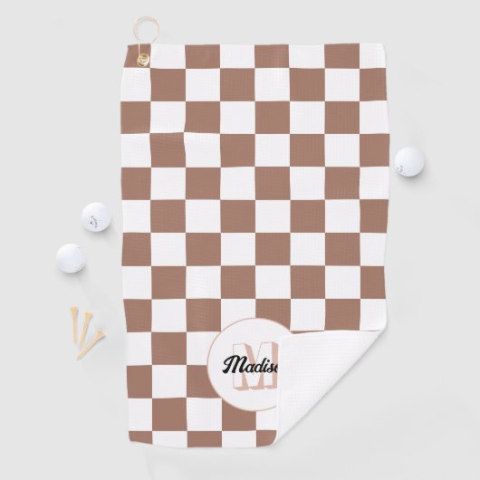 Vierkantjes mocha bruin wit retro Monogram Golfhanddoek (Insitu)