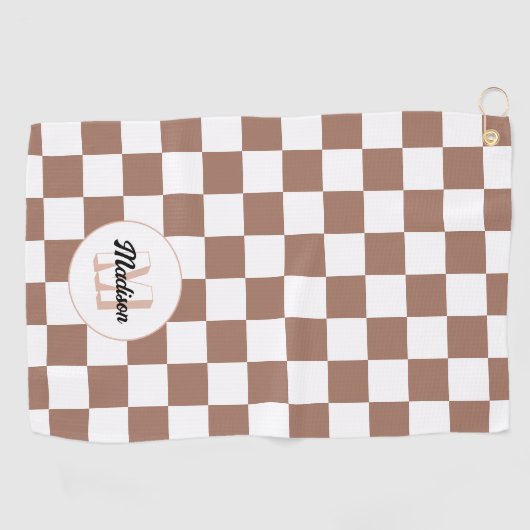 Vierkantjes mocha bruin wit retro Monogram Golfhanddoek (Horizontaal)