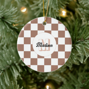 Vierkantjes mocha bruin wit retro Monogram Keramisch Ornament