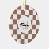 Vierkantjes mocha bruin wit retro Monogram Keramisch Ornament (Rechts)