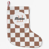 Vierkantjes mocha bruin wit retro Monogram Kleine Kerstsok (Voorkant)