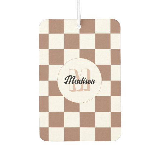 Vierkantjes mocha bruin wit retro Monogram Luchtverfrisser (Voorkant)