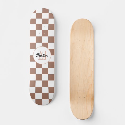 Vierkantjes mocha bruin wit retro Monogram Persoonlijk Skateboard (Voorkant)