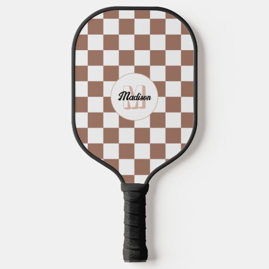 Vierkantjes mocha bruin wit retro Monogram Pickleball Paddle (Voorkant)