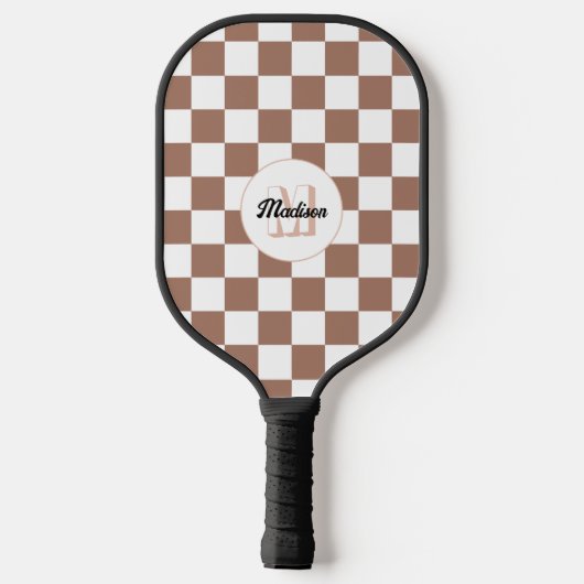 Vierkantjes mocha bruin wit retro Monogram Pickleball Paddle (Achterkant)