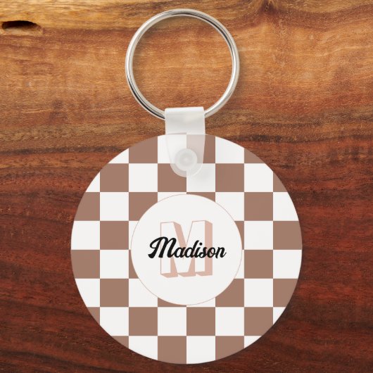 Vierkantjes mocha bruin wit retro Monogram Sleutelhanger (Voorkant)