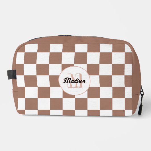 Vierkantjes mocha bruin wit retro Monogram Toilettasje (Voorkant)
