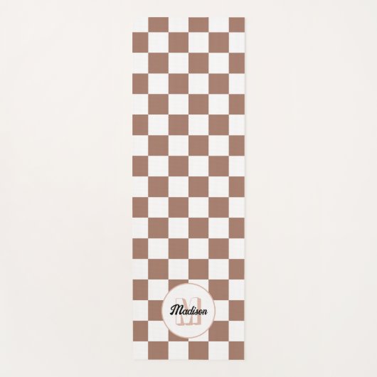 Vierkantjes mocha bruin wit retro Monogram Yogamat (Voorkant)