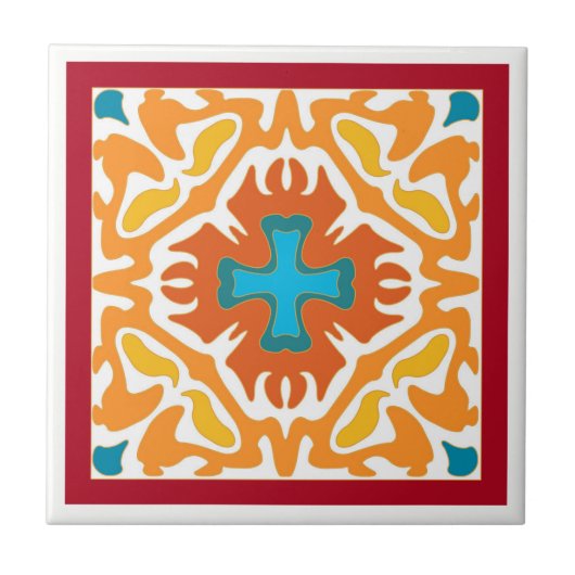 Viery Oranje Spaanse tegel met blauwe accenten Tegeltje (Voorkant)