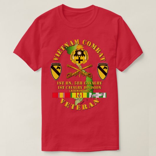 Vietnam Combat Cavalry Veteraan w 1e Bn 5e Cav DU T-shirt (Design voorkant)