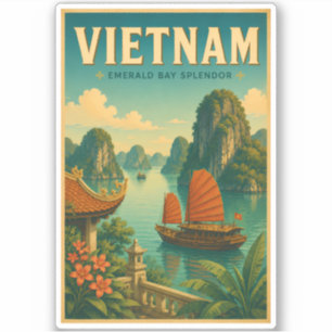 Vietnam Ha Long Bay Illustratie Reis Kunst Retro Sticker
