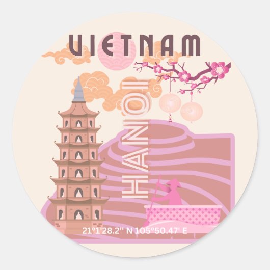 Vietnam Reizen Kunst, Retro Ronde Sticker (Voorkant)