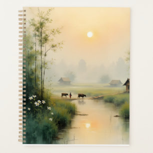 Vietnamees dorpswaterverfkunst bij ochtendmist planner