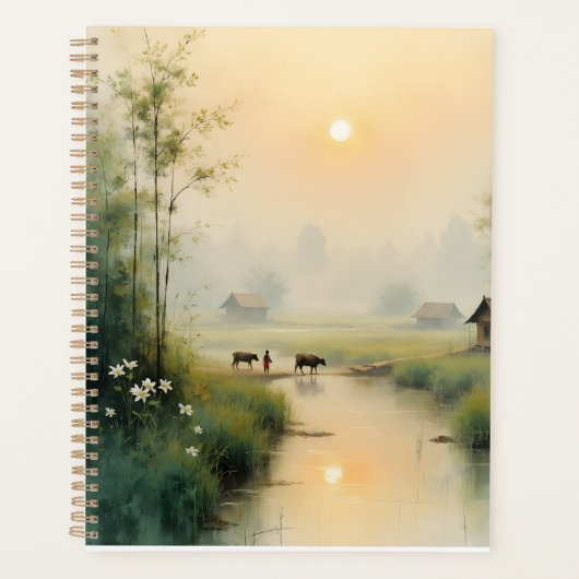 Vietnamees dorpswaterverfkunst bij ochtendmist planner (Voorkant)
