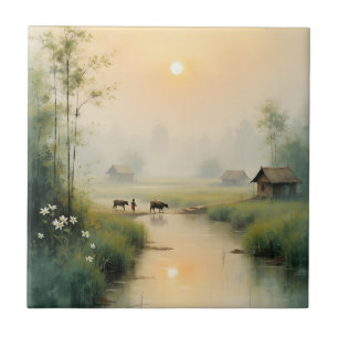 Vietnamees dorpswaterverfkunst in ochtendnevel tegeltje