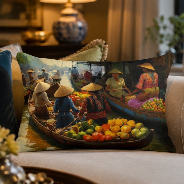 Vietnamees drijvende markt accentkussen accent kussen (Vietnamese Floating Market Oil Painting | Affordable Wall Art | Tropical Boat Southeast Asia Art | D)